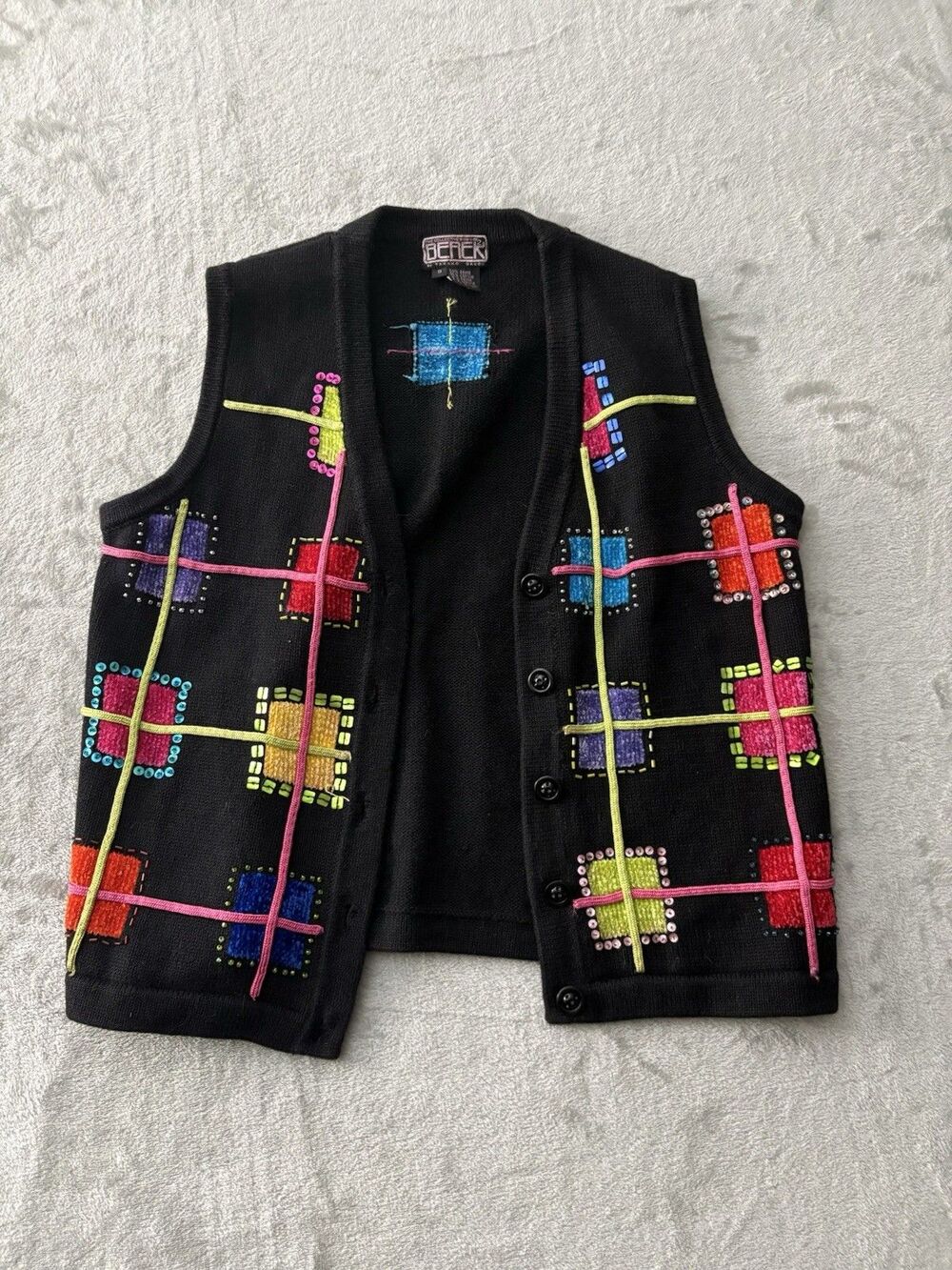 VTG Berek 2 Takako Sakon Beaded Patchwork Sweater Vest Small Grannycore Artsy